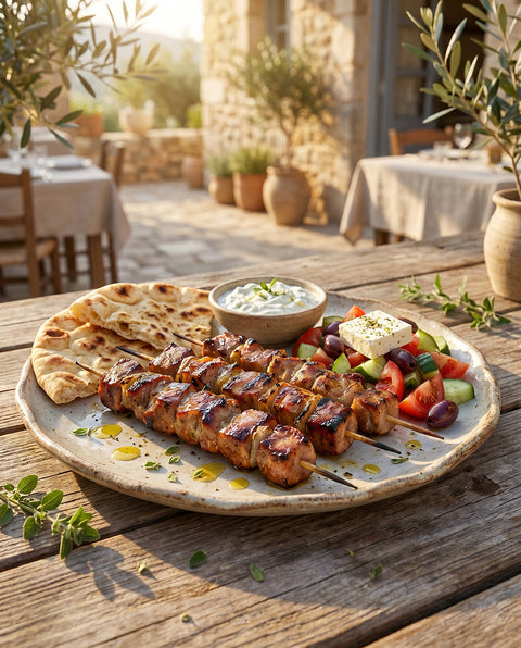 Souvlaki Rezept: griechische Fleischspieße mit Olivenöl und Oregano