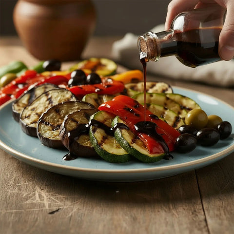 Gegrilltes Gemüse auf einer Servierplatte, verfeinert mit kretischer Balsamico Creme