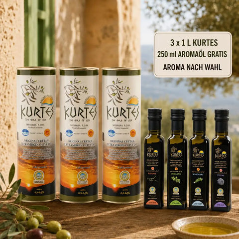 Kurtes Olivenöl Vorteilsset, 3 × 1 Liter + 250 ml Aromaöl gratis