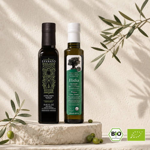 BIO Olivenöl Set mit jeweils 250 ml Elidia und EFKRATO Öl. 

