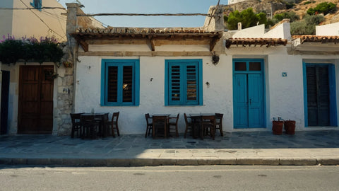 Blau-weißes Haus auf Kreta – typisch griechische Architektur mit strahlend weißer Fassade und leuchtend blauen Akzenten in mediterranem Ambiente
