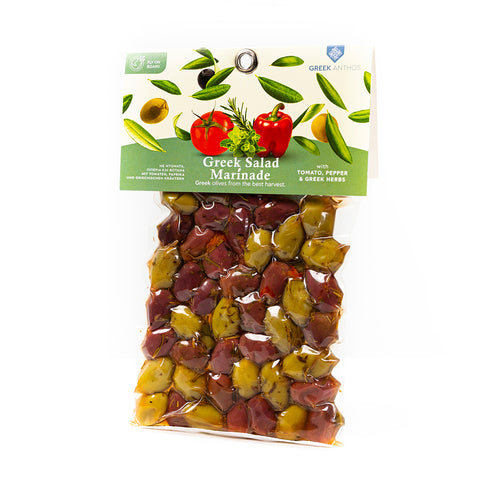 Cretan Anthos Gemischte Oliven mit Greek Salad Marinade 220 g – vielfältige mediterrane Oliven in würziger Marinade, perfekt für griechische Salate und Feinschmecker.