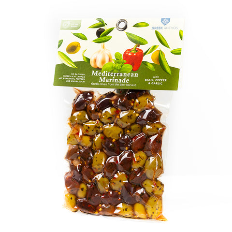 Cretan Anthos Gemischte Oliven mit mediterraner Marinade 220 g – aromatische Auswahl mediterraner Oliven in würziger Marinade, ideal für Salate und Feinschmecker.