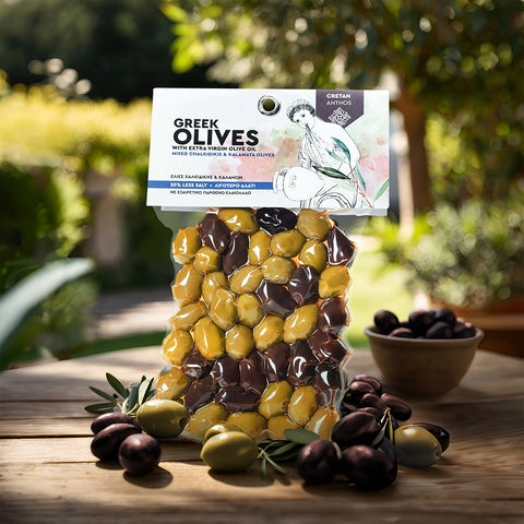 Mood - Cretan Anthos Gemischte grüne und schwarze Oliven 220 g – vielfältige mediterrane Oliven in Premiumqualität, ideal als Snack oder für Salate.