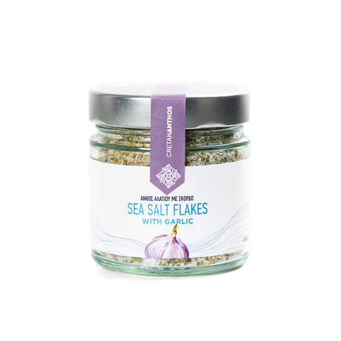 Cretan Anthos Meersalz Flakes mit Knoblauch 200 g – knusprige Meersalzflocken aus Kreta, verfeinert mit aromatischem Knoblauch, ideal für mediterrane Gerichte.