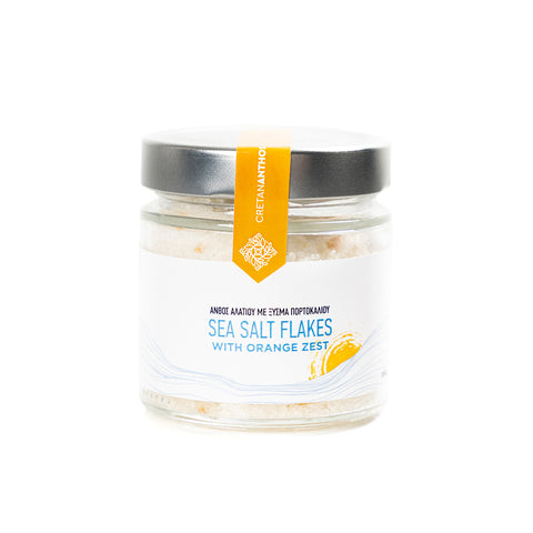 Cretan Anthos Meersalz Flakes mit Orangenzesten 200 g – knusprige Meersalzflocken aus Kreta, verfeinert mit frischen Orangenzesten, ideal für mediterrane Gerichte.