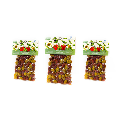 3er Vorteilsset mit 10 % Preisvorteil - Cretan Anthos Gemischte Oliven mit Greek Salad Marinade 220 g – vielfältige mediterrane Oliven in würziger Marinade, perfekt für griechische Salate und Feinschmecker.