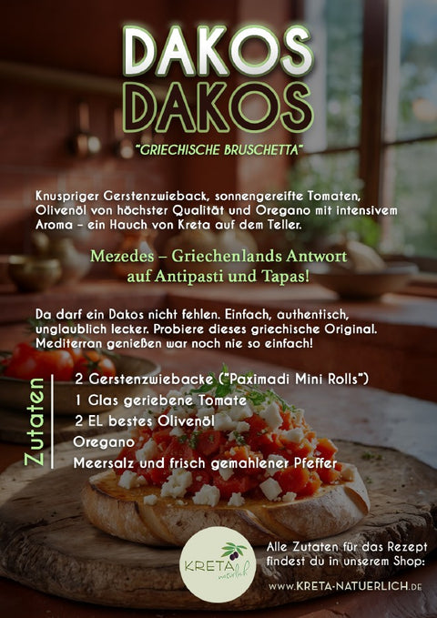 Dakos Rezept – erste Seite mit Zutatenliste und Einführung zur traditionellen kretischen Vorspeise mit Tomaten, Feta und Olivenöl.
