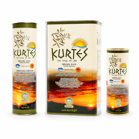 Produktauswahl von Kurtes, unser wichtigstes Olivenöl in der Blechdose oder dem Kanister. 0,5L 1L und 3 L. 