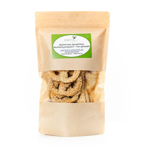 Fanourakis Bakery Sesambrezel 150 g – traditioneller kretischer Zwieback aus Weizenmehl, verfeinert mit Tahini und Sesam, ideal für Salate, Dips oder als Snack.
