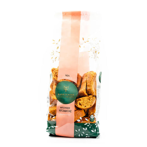 Tomaten-Paximadi 350 g – traditioneller kretischer Zwieback aus Weizenmehl, verfeinert mit Tomatenmark und Oregano, ideal für Salate, Dips oder als Snack.