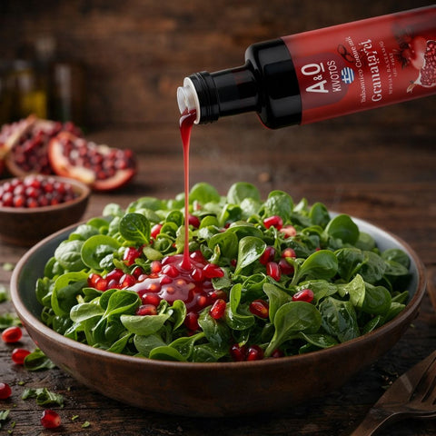 Frischer Feldsalat mit einem Topping aus Balsamico Essig Creme Granatapfel und frischen Kernen