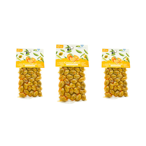 3er Sparset zum Sonderpreis - Grüne Oliven mit Kern mariniert mit frischen Orangenschalen - überraschend lecker. 