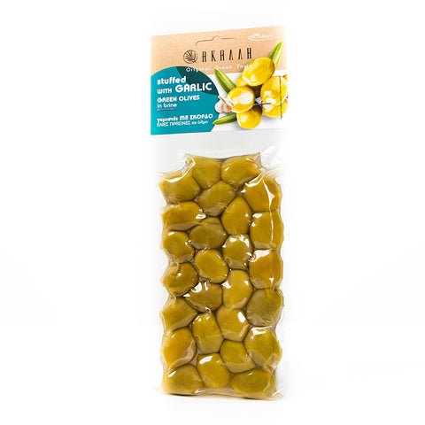Grüne Chalkidiki Oliven mit Knoblauch 200 g – aromatische mediterrane Oliven verfeinert mit würzigem Knoblauch, ideal für Feinschmecker und Salate.