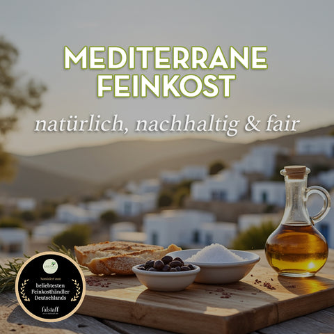 Quadratischer Banner Mediterrane Feinkost - natürlich, nachhaltig & fair