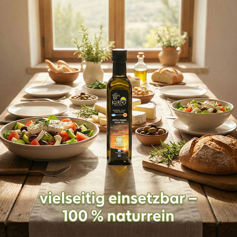 Extra natives Olivenöl von Kurtes. Angerichtet auf einer schön gedeckten Tafel mit einem klassischen griechischen Salat und Mezedes