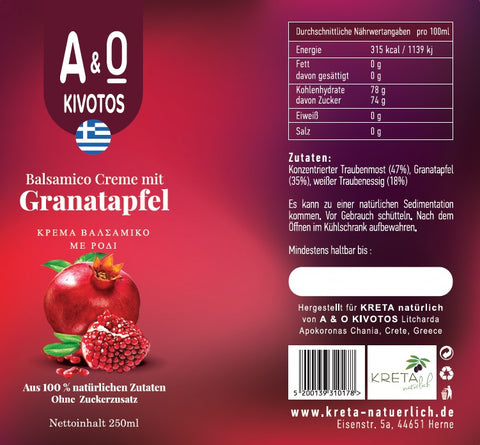Etikett der Balsamico Essig Creme Granatapfel mit allen relevanten Angaben