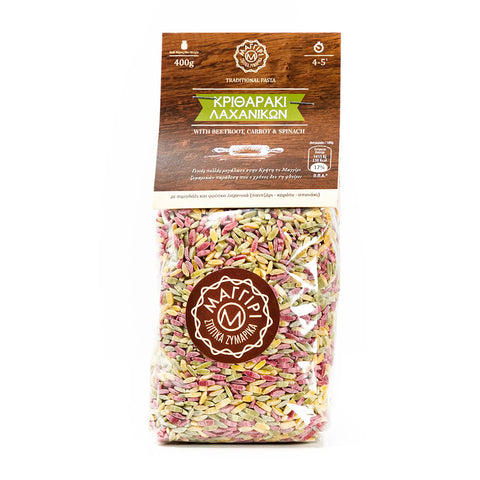 Maggiri Kritharaki mit Gemüse 400 g – traditionelle kretische Reisnudeln mit 20 % Gemüseanteil (Rote Bete, Spinat, Karotten), ideal für mediterrane Gerichte wie Stifado oder Gulasch.