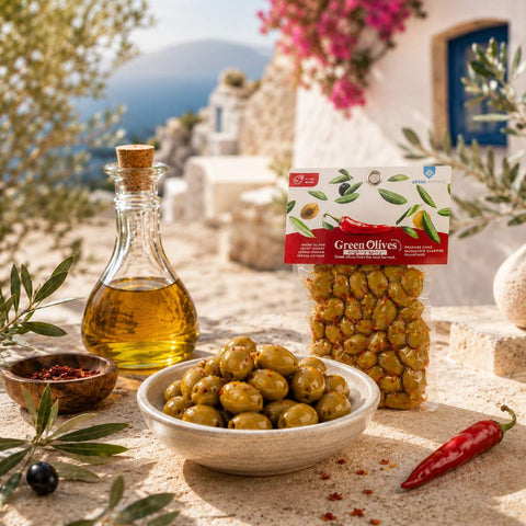 Grüne Oliven mit Boukovo der mediterranen scharfen Paprikavariante
