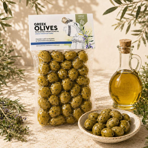 Mood grüne Oliven mit griechischen Kräutern
