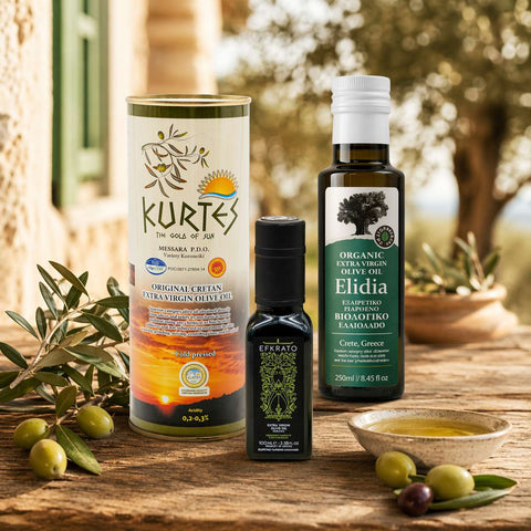 Olivenöl Probierpaket bestehend aus Kurtes Olivenöl, BIO Elidia Öl und High Phenolic EFKRATO