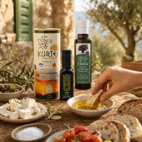 3 Olivenöle im Probierpaket mit Brot und Feta