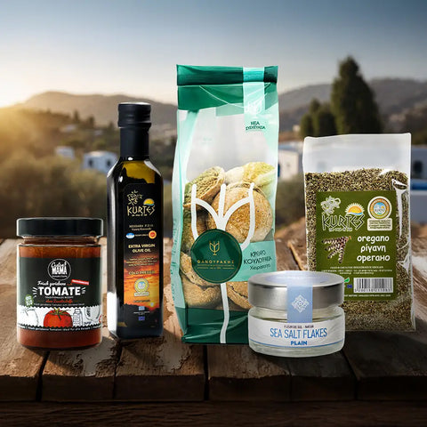 Produktpaket Dakos – liebevoll zusammengestelltes Set mit klassischen kretischen Zutaten wie Gerstenzwieback, Tomaten, Feta und hochwertigem Olivenöl.