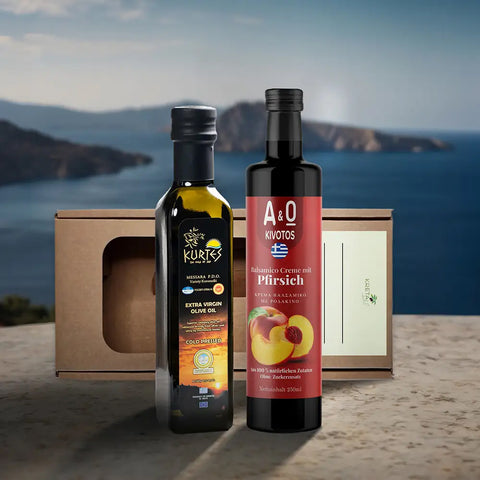 Produktpaket Mediterrane Genussbox Pfirsich – exquisite Auswahl mediterraner Feinkost mit aromatischer Pfirsich-Note für ein besonderes Geschmackserlebnis.