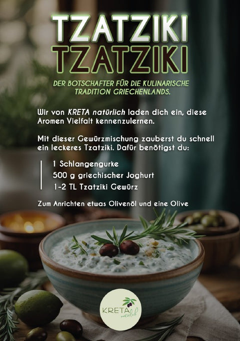 „Rezeptkarte Tsatsiki – traditionelle griechische Anleitung für cremigen Joghurtdip mit Gurke, Knoblauch und frischen Kräutern.