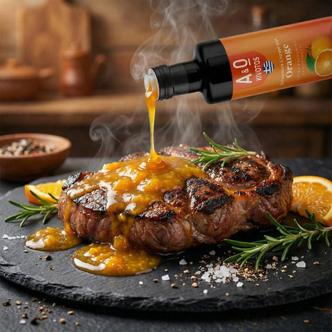 Für Fleischliebhaber - Balsamico Essig Creme mit Orange als Topping auf einem gegrillten Steak